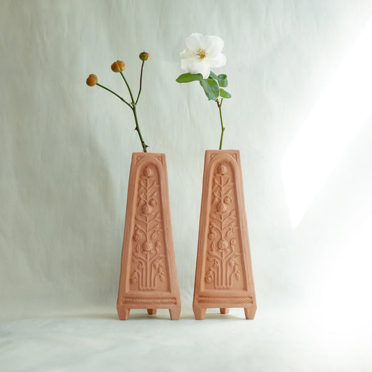 Cara Bauermeister Floral Folly obelisk unglazed terracotta cream obelisk vase