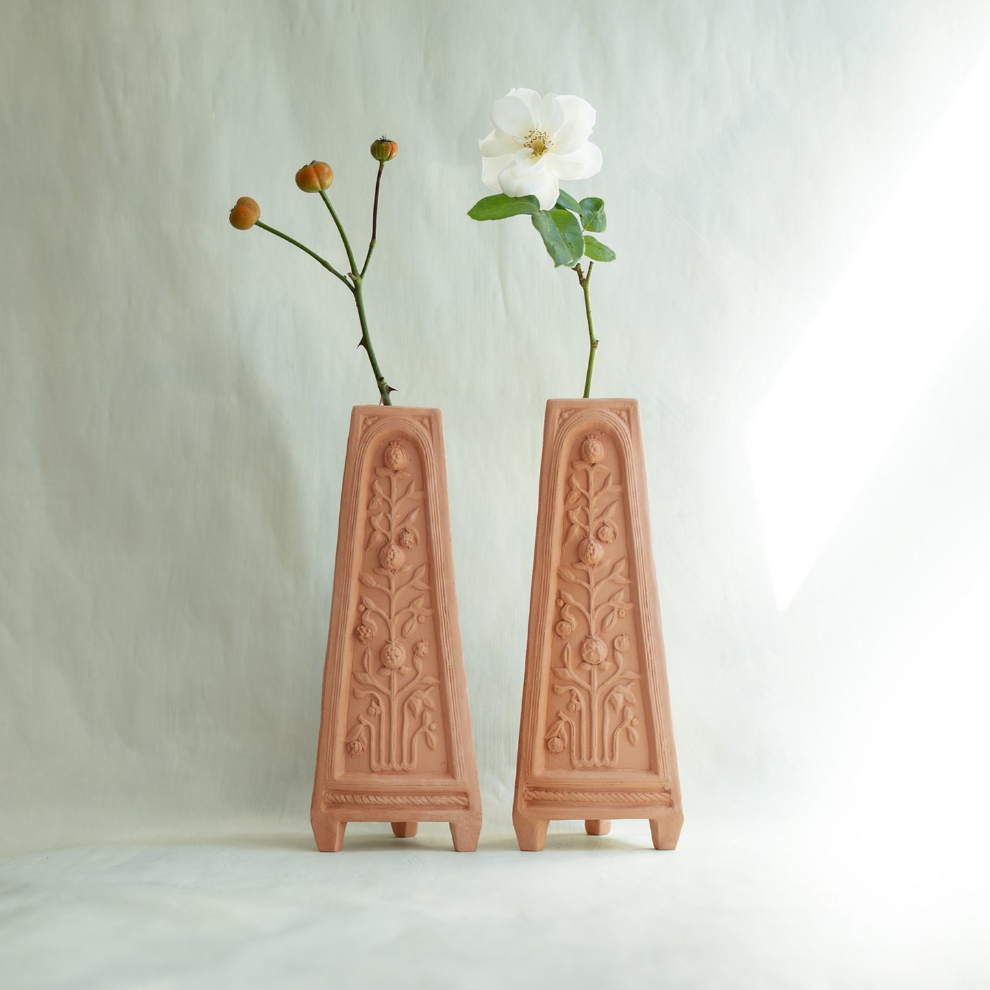 Cara Bauermeister Floral Folly obelisk unglazed terracotta cream obelisk vase